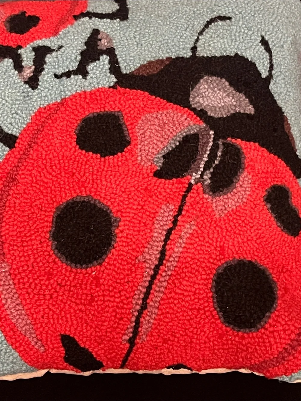 Peking Handicrafts wool ladybug pillow 18” x 18”poly velvet back - NWT